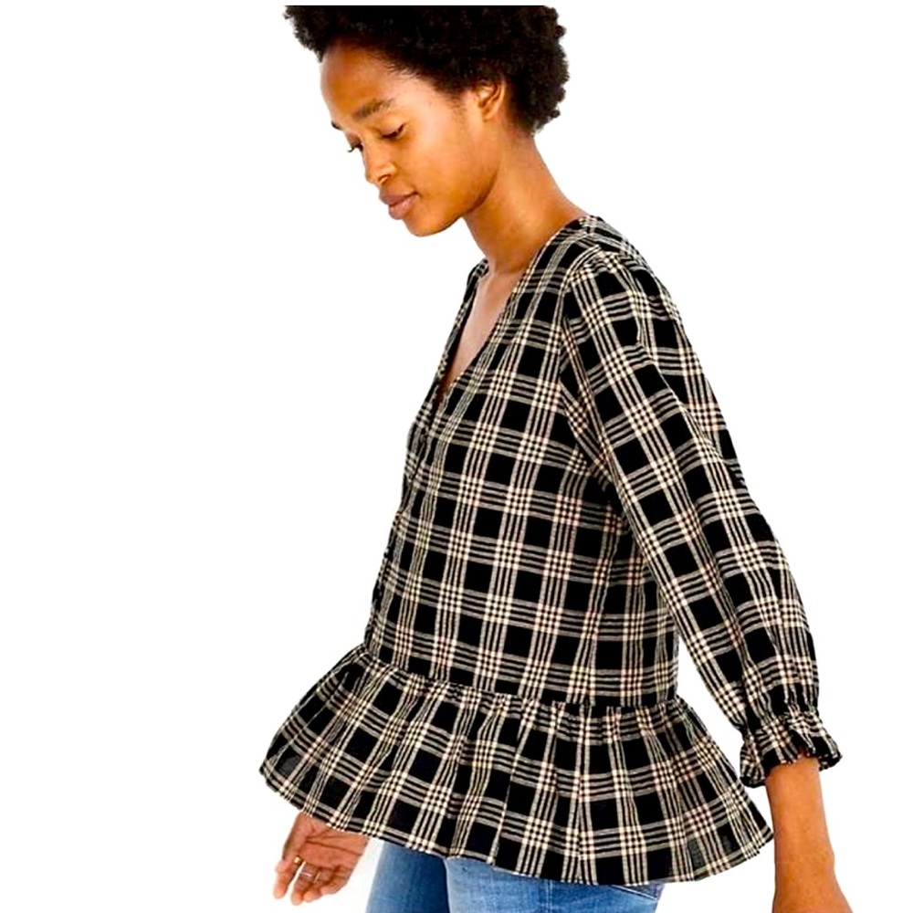 Madewell Courtyard Ruffle-Hem Top in Metallic Plaid